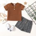 2pcs Baby Boy Striped Ribbed Short-sleeve Tee and Heathered Shorts Set Brown image 1