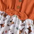Toddler Girl Butterfly Print Splice Bowknot Button Design Flutter-sleeve Dress Caramel