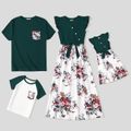 Family Matching Floral Print Splicing Dark Green Flutter-sleeve Dresses and Short-sleeve T-shirts Sets blackishgreen image 1
