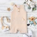 Baby Boy Button Design Solid Ribbed Sleeveless Tan Romper with Pocket Apricot image 1