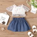 2pcs Baby Girl Daisy Embroidered Mesh Short-sleeve Crop Top and Button Skirt Set White