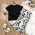 2-piece Toddler Girl Letter Cow Print Short-sleeve Black Tee and Elasticized Flared Pants Set Black