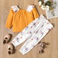 2-piece Toddler Girl Patchwork Off Shoulder Crepe Long-sleeve Top and Heart Elephant Print Paperbag Pants Set Yellow