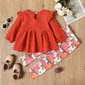 2-piece Toddler Girl Ruffled Long-sleeve Red Top and Floral Print Elasticized Pants Set Multi-color