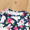 2-piece Toddler Girl Floral Rabbit Print Pocket Design Long-sleeve Tee and Stripe Elasticized Pants Set Deep Blue
