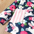 2-piece Toddler Girl Floral Rabbit Print Pocket Design Long-sleeve Tee and Stripe Elasticized Pants Set Deep Blue