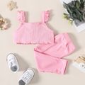 2pcs Baby Girl Solid Ribbed Button Up Sleeveless Crop Top and Trousers Set Pink image 5