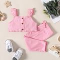 2pcs Baby Girl Solid Ribbed Button Up Sleeveless Crop Top and Trousers Set Pink image 1