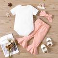 3pcs Baby Girl Rainbow Letter Print Short-sleeve Romper and Pink Ribbed Bell Bottom Pants with Headband Set Pink