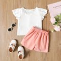 2pcs Toddler Girl Hollow out Button Design Square Neck Short-sleeve White Tee and Pink Shorts Set Pink