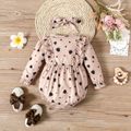 2pcs Baby Girl All Over Love Heart Print Button Up Long-sleeve Ruffle Romper with Headband Set Apricot