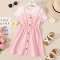 Kid Girl Faux-two Striped Button Design Short-sleeve Dress Pink
