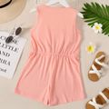 Kid Girl Bowknot Button Design Sleeveless Solid Color Rompers Light Pink