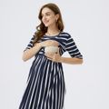 Nursing Round Neck Half-sleeve Stripe Dress Deep Blue