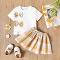 2pcs Toddler Girl Bowknot Design Side Slit Short-sleeve White Tee and Plaid Skirt Set Yellow