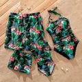 Family Matching All Over Tropical Plants Print Swim Trunks Shorts and One-Piece Swimsuit Black