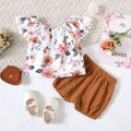 2pcs Baby Girl 100% Cotton Crepe Floral Print Pom Poms Ruffle Sleeveless Top and Shorts Set Color block