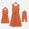 100% Cotton Solid V Neck Sleeveless Button Drawstring Dress for Mom and Me Brick red