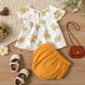 2pcs Baby Girl 100% Cotton Crepe Shorts and Floral Print Cap-sleeve Loose-fit Top Set TenderYellow