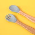 3-pack Baby Cute Cartoon Bear Silicone Suction Bowl and Fork Spoon with Wooden Handle Baby Toddler Tableware Dishes Self-Feeding Utensils Set for Self-Training Bluish Grey image 5