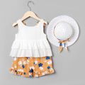 3-piece Toddler Girl Bowknot Design Layered White Sleeveless Blouse and Floral Print Ruffled Shorts and Straw Hat Set White