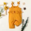 100% Cotton Baby Girl Button Design Ginger Sleeveless Spaghetti Strap Ruffle Jumpsuit Ginger