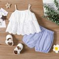 2pcs Baby Girl White Spaghetti Strap Hollow Out Layered Top and 100% Cotton Striped Shorts Set Color block image 3