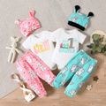 Easter 3pcs Baby Boy/Girl Letter Print Short-sleeve Romper and Cartoon Rabbit Print Pants with Hat Set Pink image 2