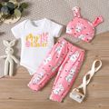 Easter 3pcs Baby Boy/Girl Letter Print Short-sleeve Romper and Cartoon Rabbit Print Pants with Hat Set Pink image 1