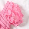 Baby Girl Pink Beaded Floral Applique Puff-sleeve Ribbed Belted Romper Pink image 4
