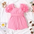 Baby Girl Pink Beaded Floral Applique Puff-sleeve Ribbed Belted Romper Pink image 3