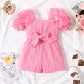 Baby Girl Pink Beaded Floral Applique Puff-sleeve Ribbed Belted Romper Pink image 1