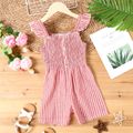 Kid Girl Stripe Button Design Smocked Ruffled Strap Prompers Jumpsuits Shorts Red image 1