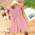 Kid Girl Stripe Button Design Smocked Ruffled Strap Prompers Jumpsuits Shorts Red image 5