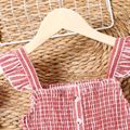 Kid Girl Stripe Button Design Smocked Ruffled Strap Prompers Jumpsuits Shorts Red image 2