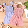 Kid Girl Stripe Button Design Smocked Ruffled Strap Prompers Jumpsuits Shorts Blue