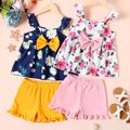2-piece Kid Girl Floral Print Bowknot Design Camisole and Ruffled Yellow Shorts Set Pink