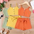 2-piece Kid Girl 100% Cotton Solid Color Button Design Camisole and Belted Shorts Set Red