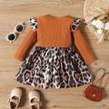Baby Girl Letter Print Ribbed Long-sleeve Splicing Leopard Ruffle Dress Ginger
