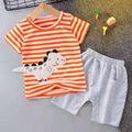 2pcs Toddler Boy Casual Dinosaur Embroidered Stripe Tee & Shorts Set Orange