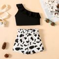 2-piece Toddler Girl Ruffled One Shoulder Tank Top and Cow Print Belted Shorts Set BlackandWhite