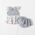 Looney Tunes 2pcs Baby Girl Plaid Splicing Print Flutter-sleeve Mesh Dress with Bowknot Shorts Set Multi-color