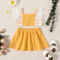 100% Cotton 2pcs Baby Girl Floral Embroidered Lace Sleeveless Tank Crop Top and Skirt Set Yellow image 2