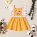 100% Cotton 2pcs Baby Girl Floral Embroidered Lace Sleeveless Tank Crop Top and Skirt Set Yellow image 1