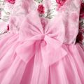 2pcs Baby Girl Floral Print Ribbed Long-sleeve Splicing Mesh Bowknot Dress with Headband Set Pink