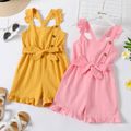 Kid Girl Solid Color Button Design Back Crisscross Strap Rompers Yellow