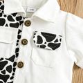 2pcs Baby Girl Cow Print Splicing White Denim Button Up Short-sleeve Crop Top and Skirt Set White