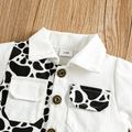 2pcs Baby Girl Cow Print Splicing White Denim Button Up Short-sleeve Crop Top and Skirt Set White