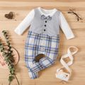 Baby Boy Faux-two Waistcoat Gentleman Bow Tie Long-sleeve Plaid Footed Jumpsuit Light Grey