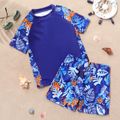 2-piece Kid Boy Floral Leaf Print Short Raglan Sleeve Top and Shorts Swimsuit Set Dark Blue